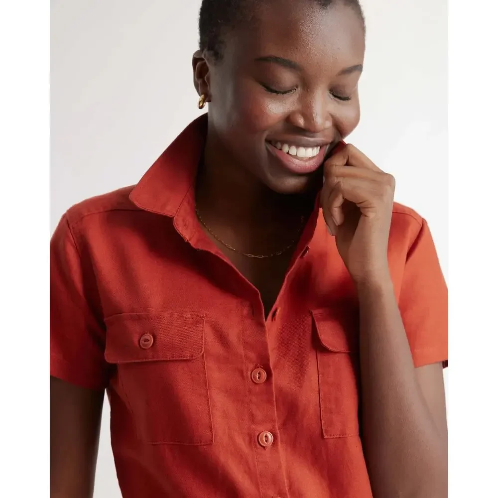 QUINCE Rust Red Cotton Linen Twill Short Sleeve Coverall Jumpsuit Medium